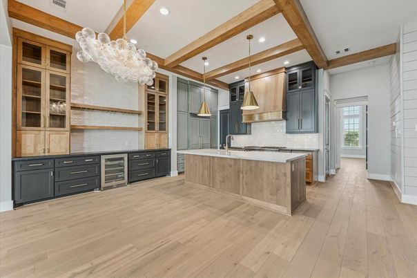Chandelier, Interior, Kitchen, Pendant Lights, Recessed Lighting, Stainless Steel Appliances, Wooden Beams, Wood Texture Flooring