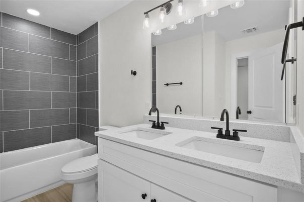 Bathroom, Dual Sink Vanities, Interior, Recessed Lighting, Wood Texture Flooring