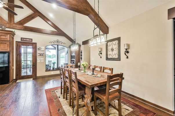 Dining room, Interior, Pendant Lights, Wooden Beams, Wood Texture Flooring