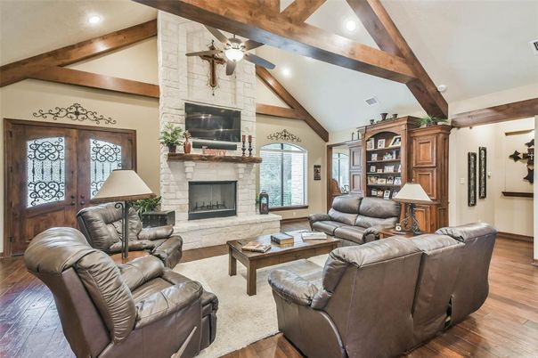 Fireplace, Interior, Living room, Recessed Lighting, Stone Walls, Wooden Beams, Wood Texture Flooring