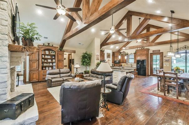 Dining room, Fireplace, Interior, Kitchen, Living room, Pendant Lights, Recessed Lighting, Stone Walls, Wooden Beams, Wood Texture Flooring