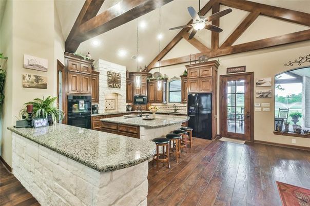 Interior, Kitchen, Pendant Lights, Recessed Lighting, Wooden Beams, Wood Texture Flooring