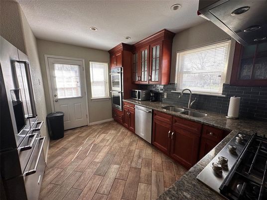 Interior, Kitchen, Recessed Lighting, Stainless Steel Appliances, Wood Texture Flooring