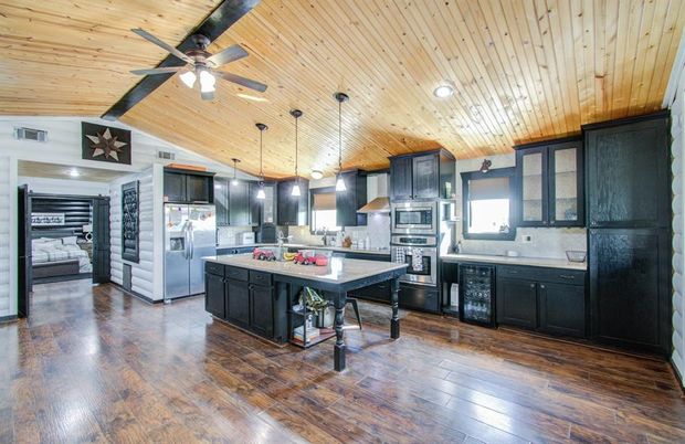 Interior, Kitchen, Pendant Lights, Recessed Lighting, Stainless Steel Appliances, Wooden Ceilings, Wood Texture Flooring
