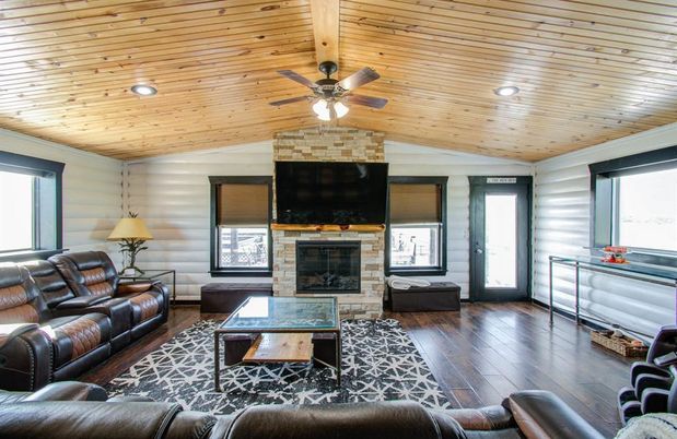 Fireplace, Interior, Living room, Recessed Lighting, Stone Walls, Wooden Ceilings, Wood Texture Flooring