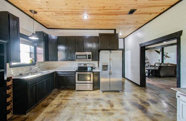 Interior, Kitchen, Pendant Lights, Recessed Lighting, Stainless Steel Appliances, Wooden Ceilings