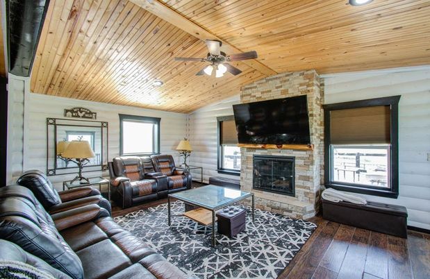 Fireplace, Interior, Living room, Recessed Lighting, Stone Walls, Wooden Beams, Wooden Ceilings, Wood Texture Flooring