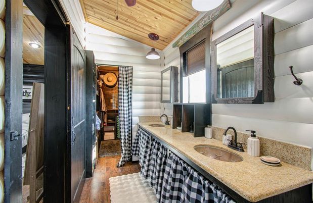 Bathroom, Interior, Pendant Lights, Wooden Ceilings, Wood Texture Flooring