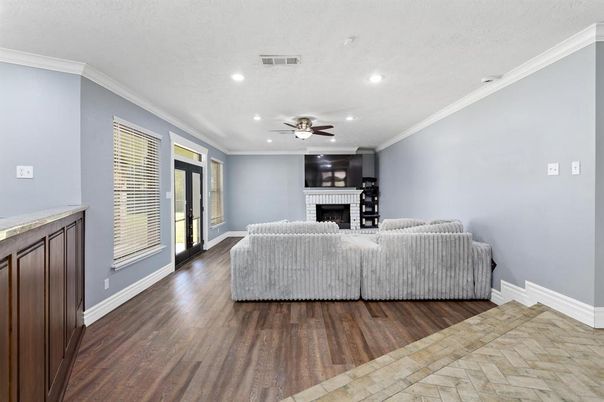 Fireplace, Interior, Living room, Recessed Lighting, Wood Texture Flooring