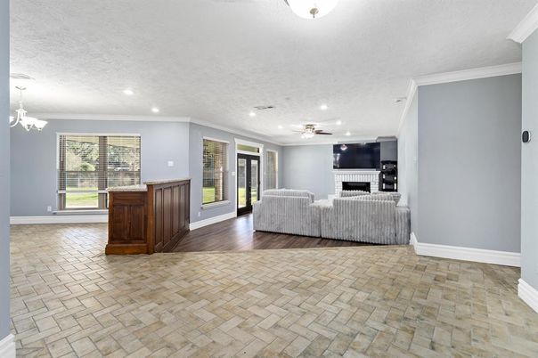 Fireplace, Interior, Living room, Recessed Lighting, Wood Texture Flooring