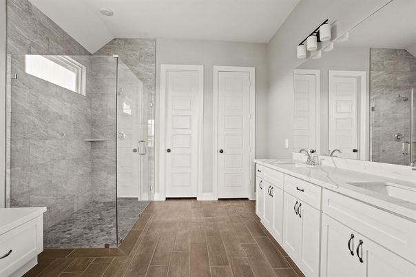 Bathroom, Dual Sink Vanities, Glass Shower, Interior, Wood Texture Flooring