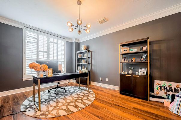 Home Office, Interior, Pendant Lights, Wood Texture Flooring