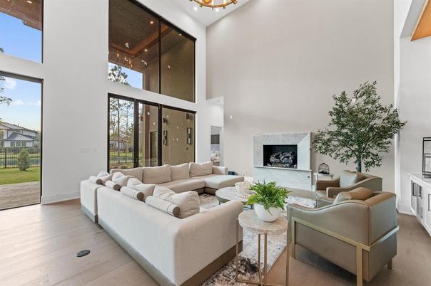 Fireplace, Interior, Living room, Recessed Lighting, Wood Texture Flooring