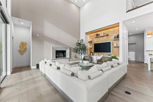 Fireplace, Interior, Living room, Recessed Lighting, Wood Texture Flooring