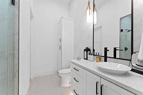 Bathroom, Dual Sink Vanities, Glass Shower, Interior, Marble Walls