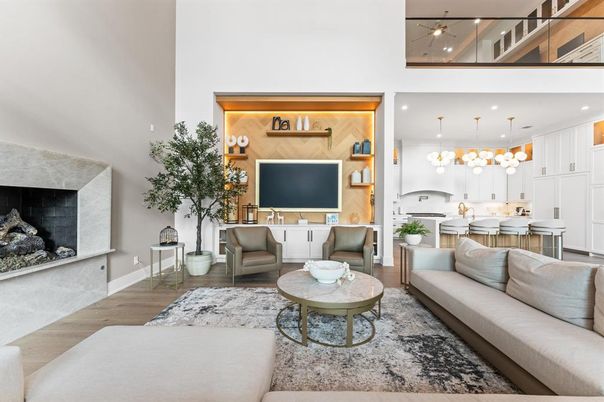 Fireplace, Interior, Kitchen, Living room, Pendant Lights, Recessed Lighting, Wood Texture Flooring