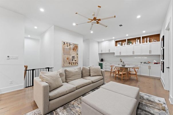 Dining room, Interior, Kitchen, Living room, Recessed Lighting, Wood Texture Flooring