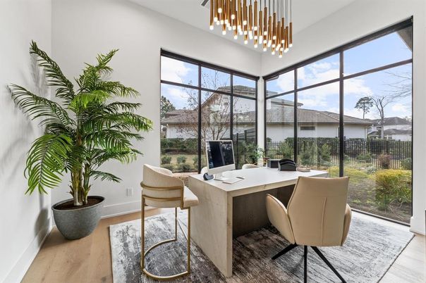 Home Office, Interior, Pendant Lights, Wood Texture Flooring