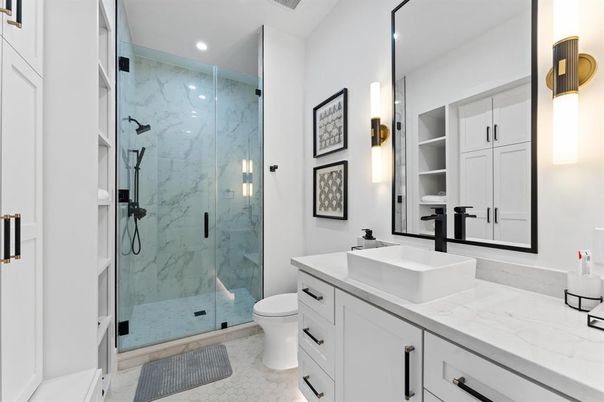 Bathroom, Glass Shower, Interior, Marble Walls, Recessed Lighting