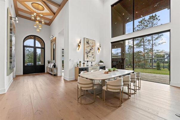Dining room, Interior, Pendant Lights, Wooden Beams, Wood Texture Flooring