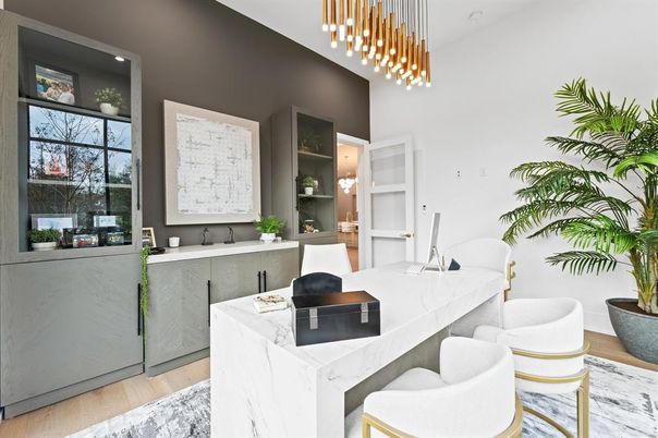 Home Office, Interior, Pendant Lights, Recessed Lighting, Wood Texture Flooring