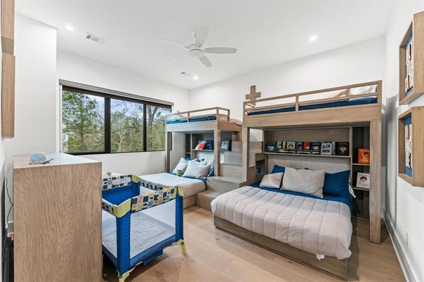 Bedroom, Interior, Recessed Lighting, Wood Texture Flooring