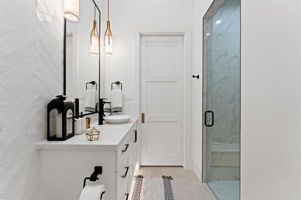 Bathroom, Dual Sink Vanities, Glass Shower, Interior, Marble Walls