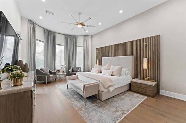 Bedroom, Interior, Recessed Lighting, Wood Texture Flooring