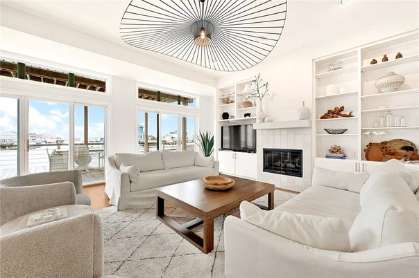 Fireplace, Interior, Living room, Pendant Lights, Water, Wood Texture Flooring