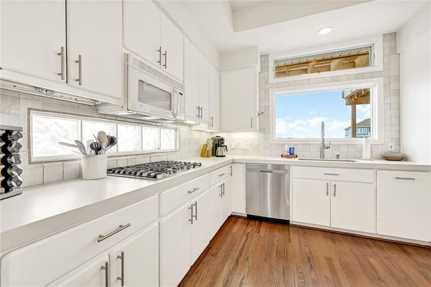 Interior, Kitchen, Recessed Lighting, Stainless Steel Appliances, Wood Texture Flooring