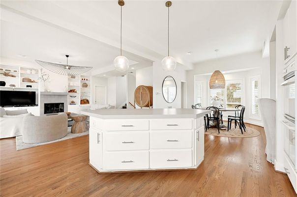 Dining room, Fireplace, Interior, Kitchen, Living room, Pendant Lights, Recessed Lighting, Wood Texture Flooring