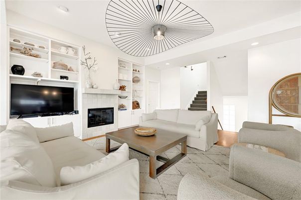 Fireplace, Interior, Living room, Pendant Lights, Recessed Lighting, Wood Texture Flooring