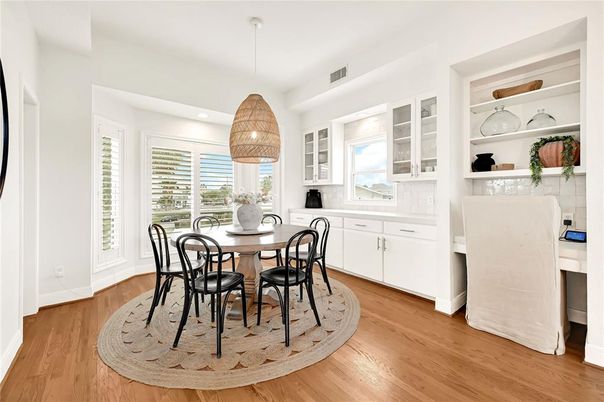 Dining room, Interior, Recessed Lighting, Wood Texture Flooring