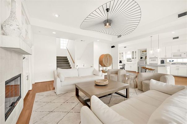 Fireplace, Interior, Kitchen, Living room, Pendant Lights, Recessed Lighting, Wood Texture Flooring