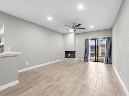 Empty room, Fireplace, Interior, Recessed Lighting, Wood Texture Flooring