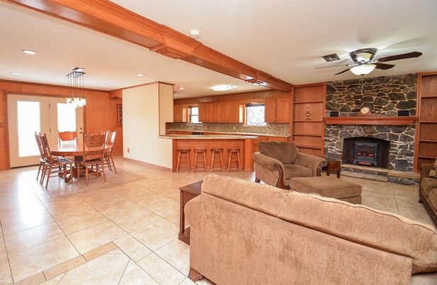 Dining room, Fireplace, Interior, Kitchen, Living room, Pendant Lights, Recessed Lighting, Stone Walls