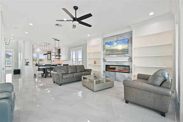 Dining room, Fireplace, Interior, Kitchen, Living room, Pendant Lights, Recessed Lighting