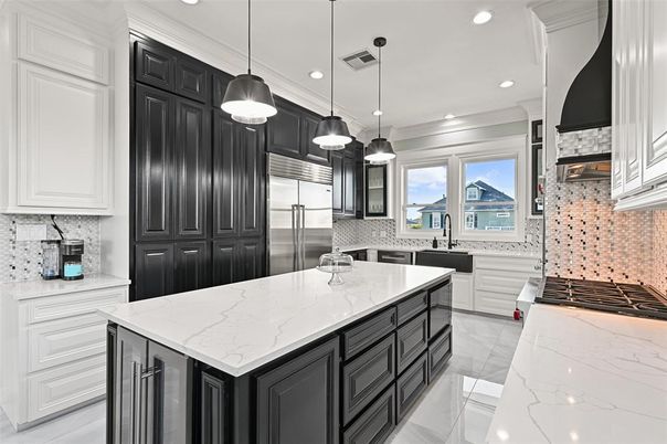 Interior, Kitchen, Marble, Pendant Lights, Recessed Lighting, Stainless Steel Appliances