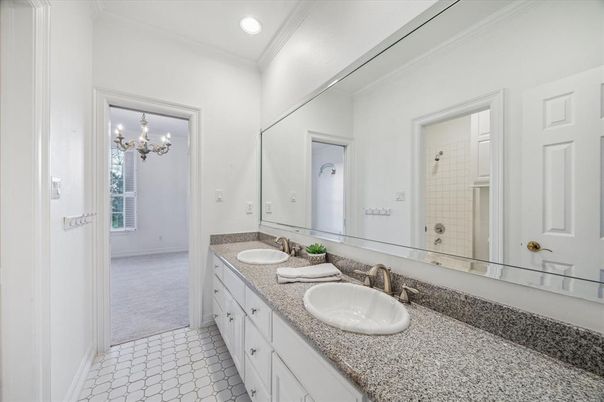 Bathroom, Chandelier, Dual Sink Vanities, Interior, Recessed Lighting