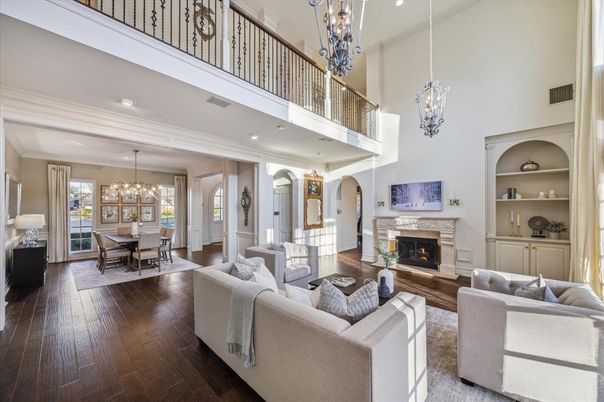 Chandelier, Dining room, Fireplace, Interior, Living room, Recessed Lighting, Wood Texture Flooring