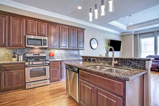 Interior, Kitchen, Pendant Lights, Recessed Lighting, Stainless Steel Appliances, Wood Texture Flooring