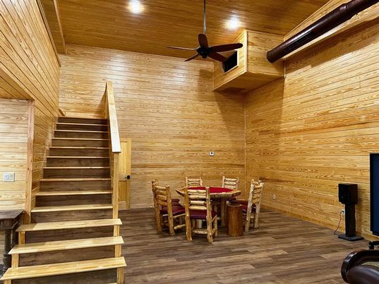 Dining room, Interior, Recessed Lighting, Wooden Ceilings, Wood Texture Flooring, Wooden Walls