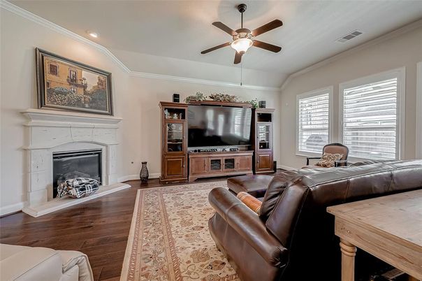 Fireplace, Interior, Living room, Recessed Lighting, Wood Texture Flooring
