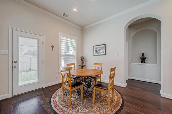 Dining room, Interior, Recessed Lighting, Wood Texture Flooring