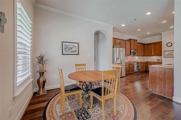 Dining room, Interior, Kitchen, Recessed Lighting, Stainless Steel Appliances, Wood Texture Flooring