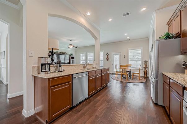 Dining room, Interior, Kitchen, Recessed Lighting, Wood Texture Flooring