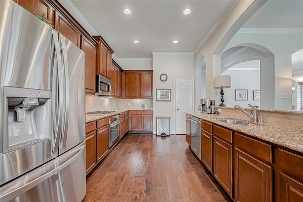 Interior, Kitchen, Recessed Lighting, Stainless Steel Appliances, Wood Texture Flooring