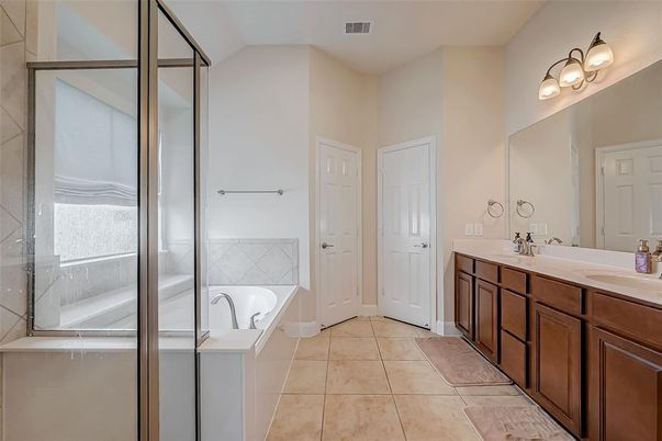 Bathroom, Dual Sink Vanities, Glass Shower, Interior