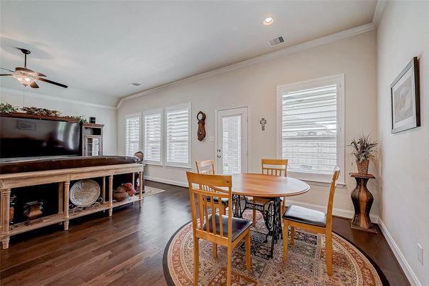 Dining room, Interior, Recessed Lighting, Wood Texture Flooring