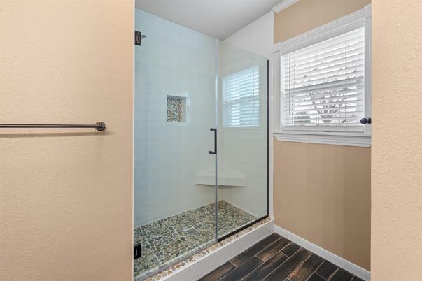 Bathroom, Glass Shower, Interior, Wood Texture Flooring